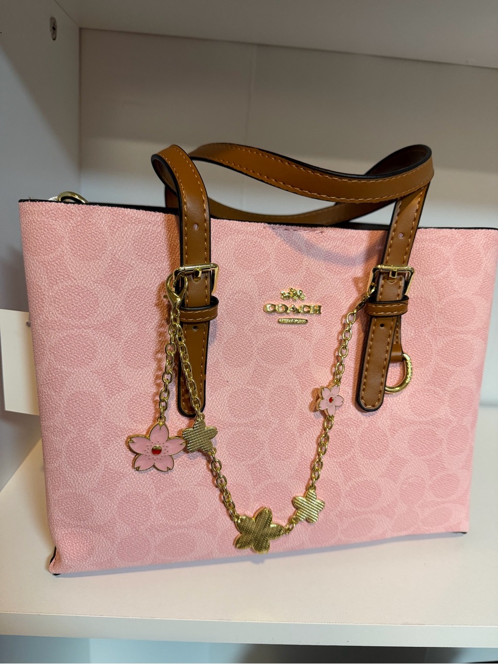 Coach Pink Signature Floral Charm Tote with Brown Trim